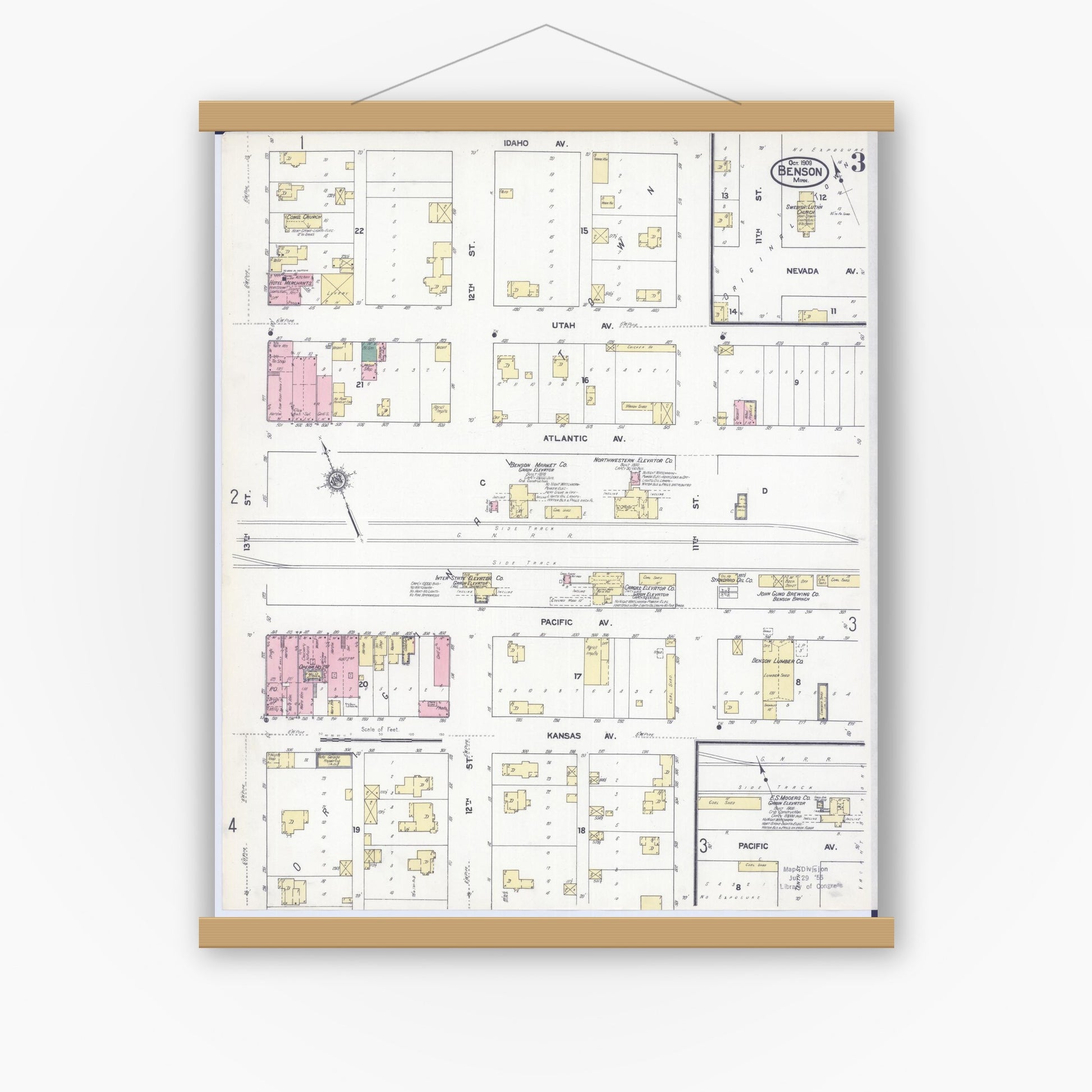 Old map wall art mockup — magnetic wood frame on white wall — Sanborn Fire Insurance Map from Benson, Swift County, Minnesota (1909), Sheet #0003