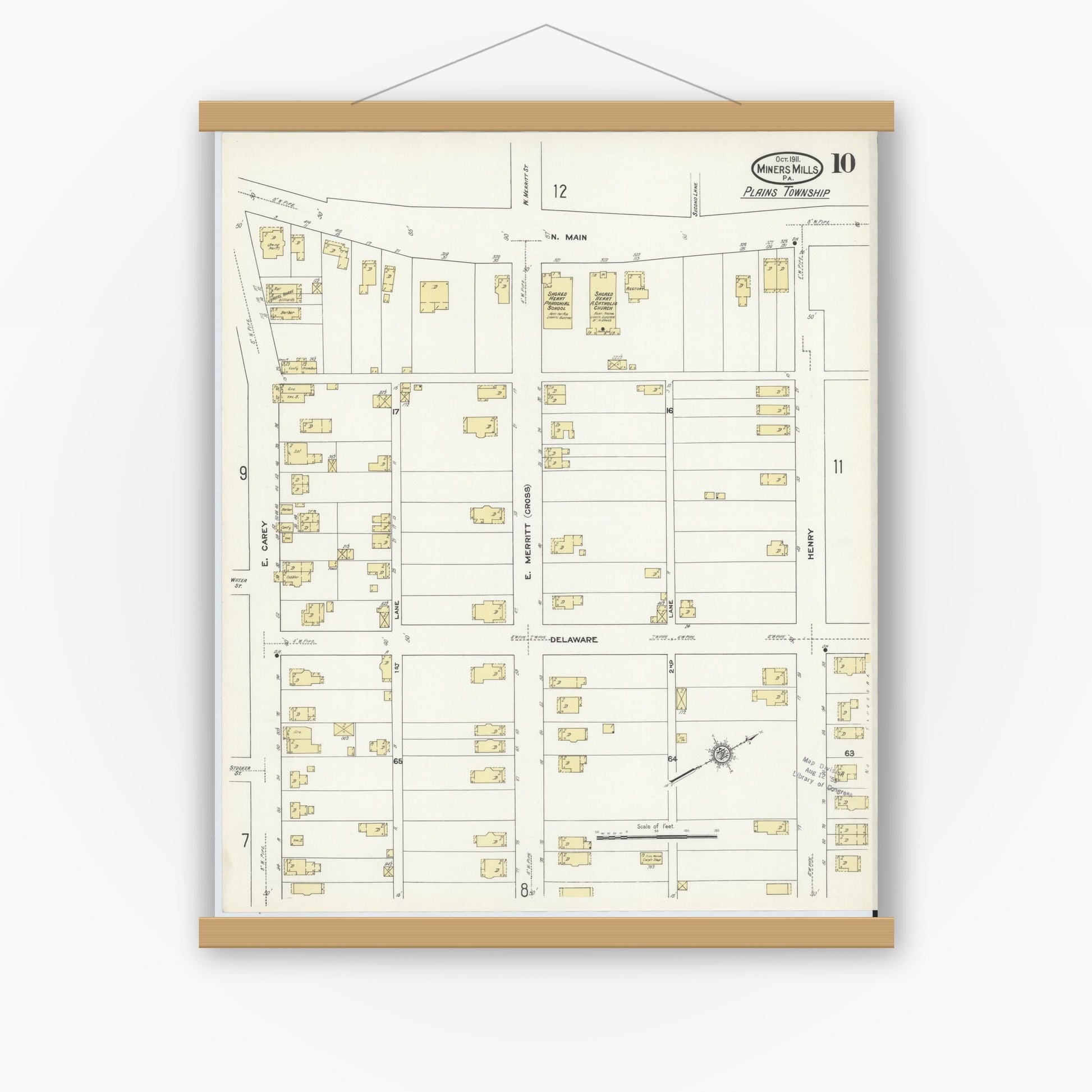 Old map wall art mockup — magnetic wood frame on white wall — Sanborn Fire Insurance Map from Miners Mills, Luzerne County, Pennsylvania (1911), Sheet #0010