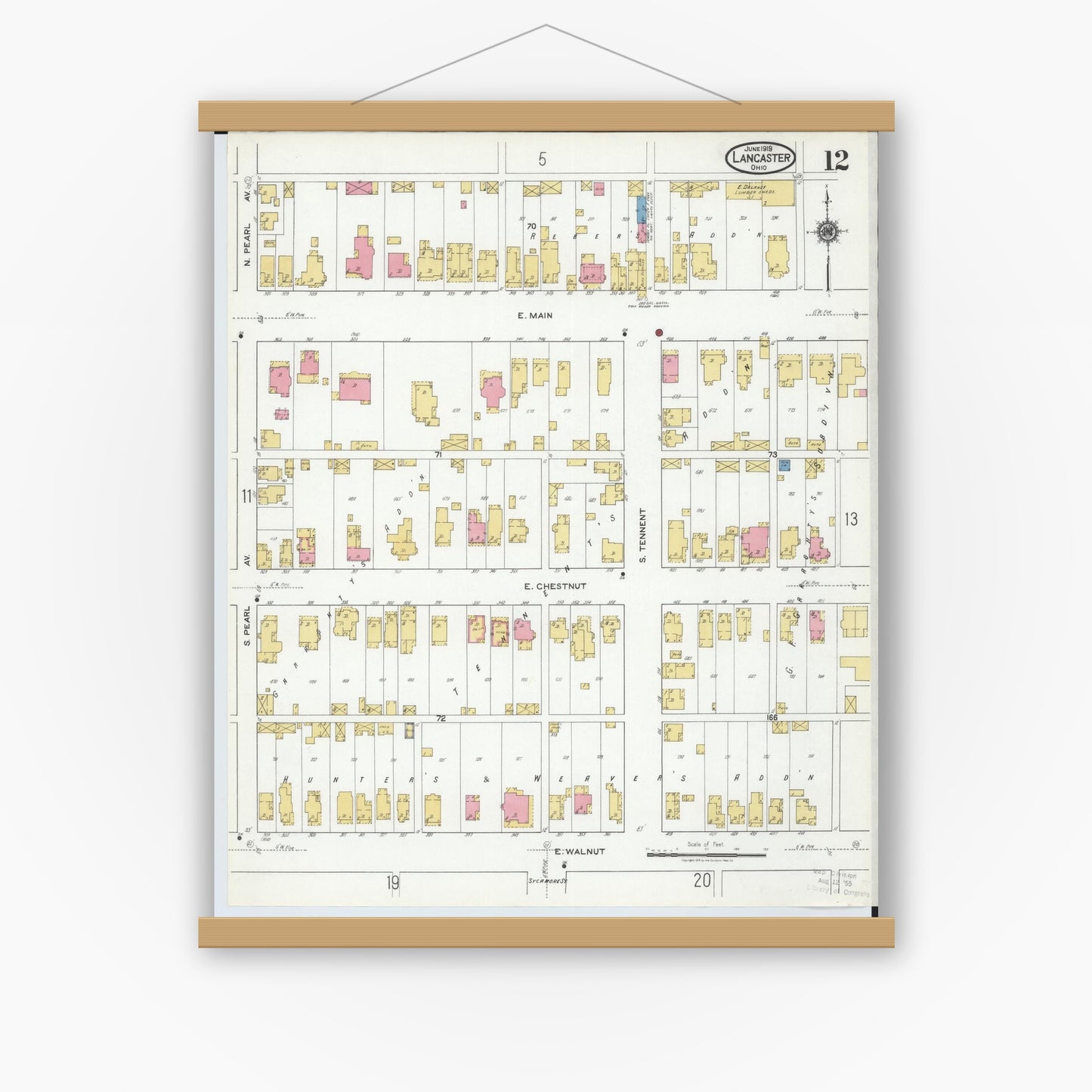 Old map wall art mockup — magnetic wood frame on white wall — Sanborn Fire Insurance Map from Lancaster, Fairfield County, Ohio (1919), Sheet #0012