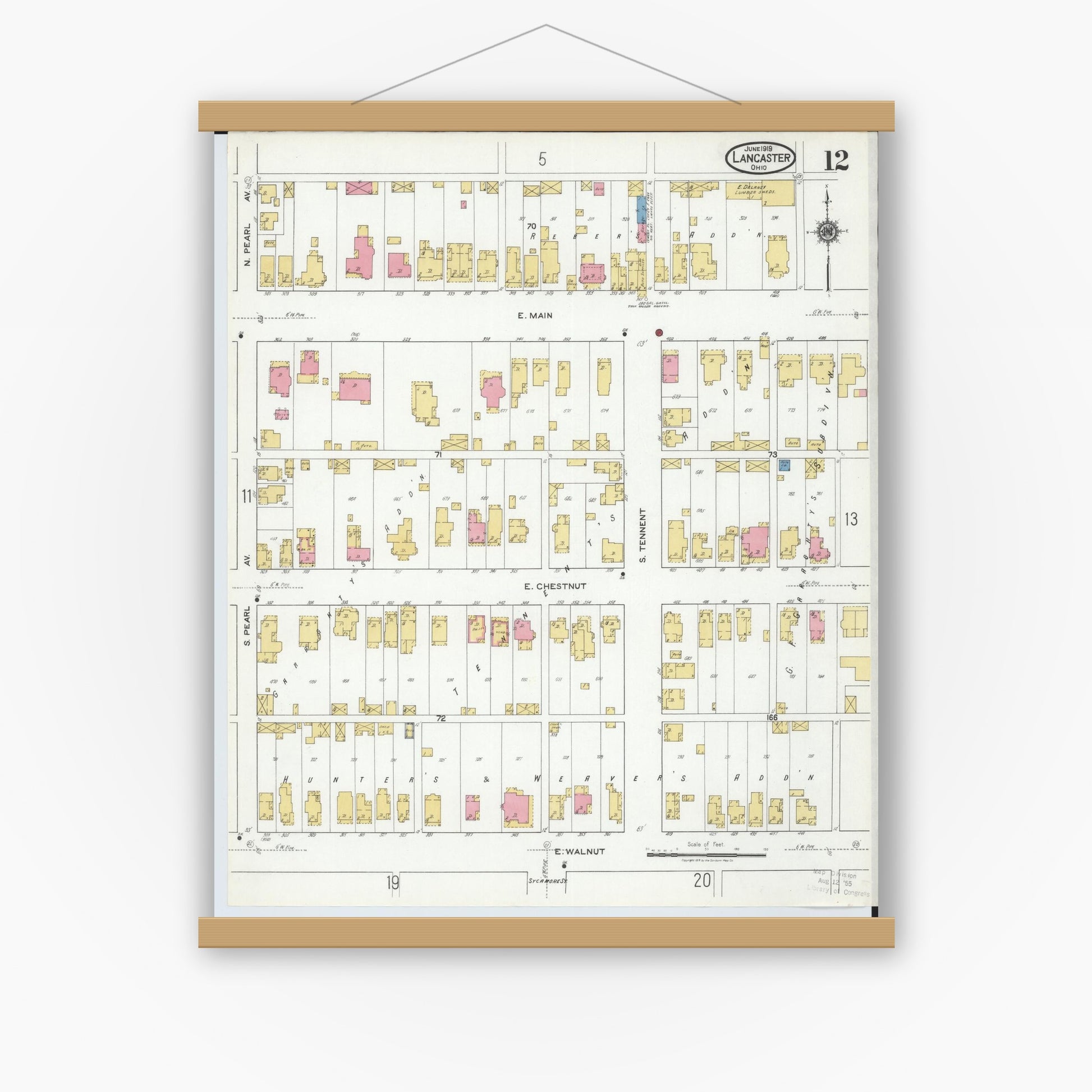 Old map wall art mockup — magnetic wood frame on white wall — Sanborn Fire Insurance Map from Lancaster, Fairfield County, Ohio (1919), Sheet #0012