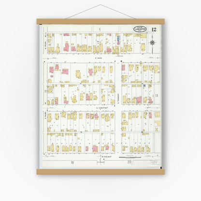 Old map wall art mockup — magnetic wood frame on white wall — Sanborn Fire Insurance Map from Lancaster, Fairfield County, Ohio (1919), Sheet #0012