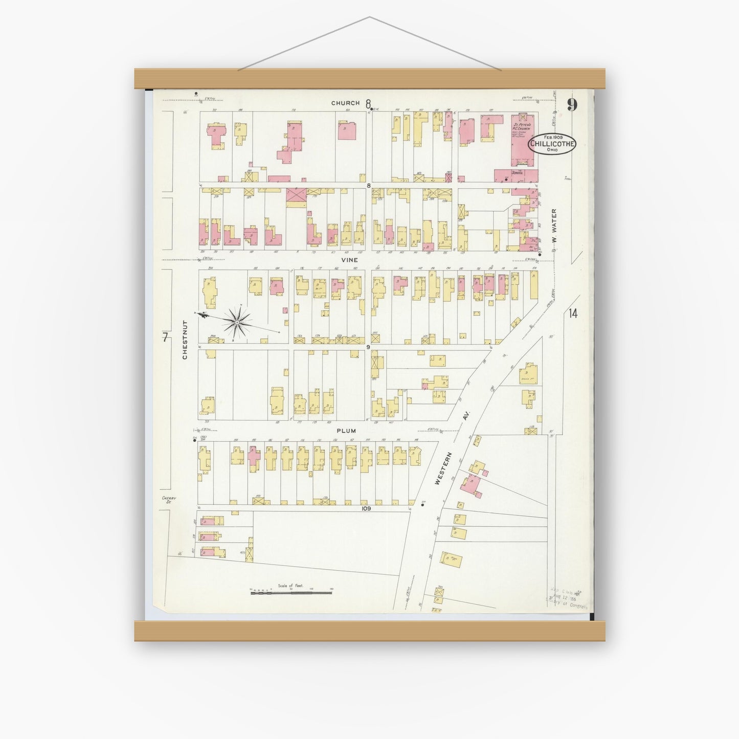 Old map wall art mockup — magnetic wood frame on white wall — Sanborn Fire Insurance Map from Chillicothe, Ross County, Ohio (1909), Sheet #0009