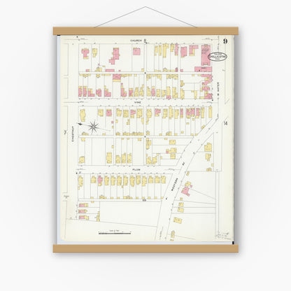 Old map wall art mockup — magnetic wood frame on white wall — Sanborn Fire Insurance Map from Chillicothe, Ross County, Ohio (1909), Sheet #0009