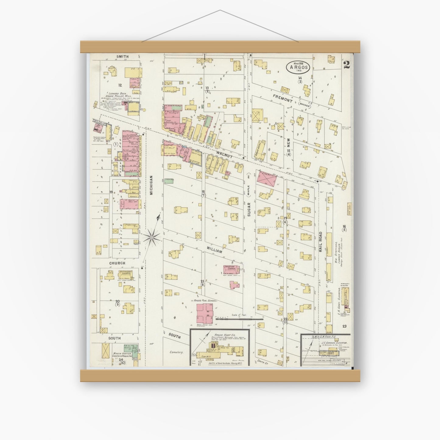 Old map wall art mockup — magnetic wood frame on white wall — Sanborn Fire Insurance Map from Argos, Marshall County, Indiana (1898), Sheet #0002