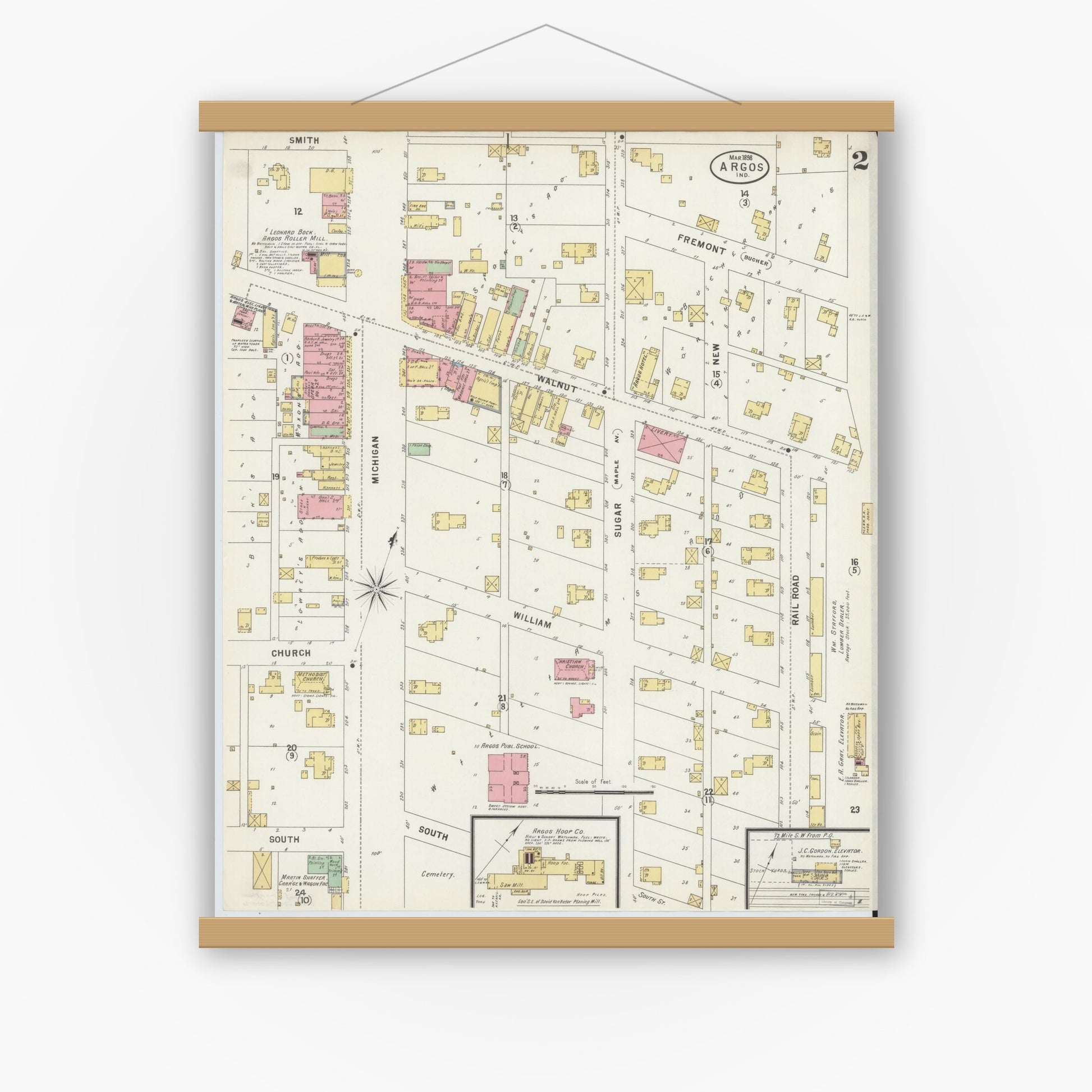 Old map wall art mockup — magnetic wood frame on white wall — Sanborn Fire Insurance Map from Argos, Marshall County, Indiana (1898), Sheet #0002