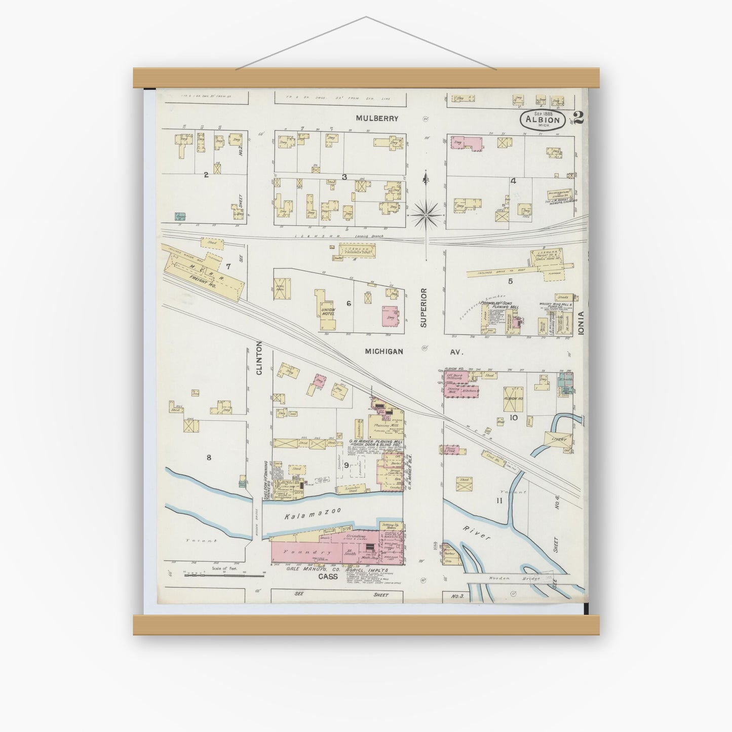 Old map wall art mockup — magnetic wood frame on white wall — Sanborn Fire Insurance Map from Albion, Calhoun County, Michigan (1888), Sheet #0002