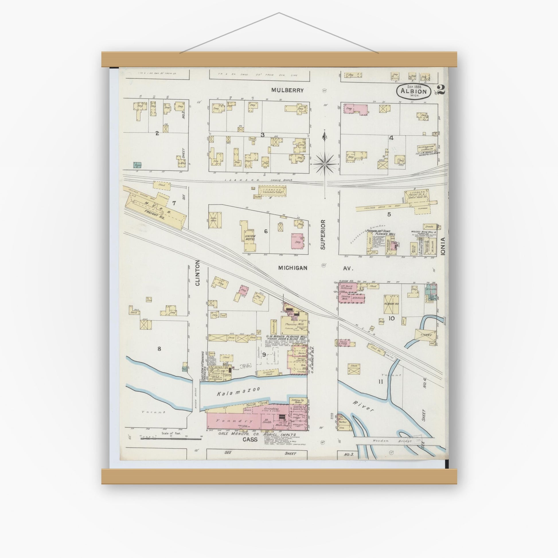 Old map wall art mockup — magnetic wood frame on white wall — Sanborn Fire Insurance Map from Albion, Calhoun County, Michigan (1888), Sheet #0002