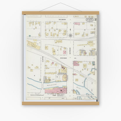 Old map wall art mockup — magnetic wood frame on white wall — Sanborn Fire Insurance Map from Albion, Calhoun County, Michigan (1888), Sheet #0002