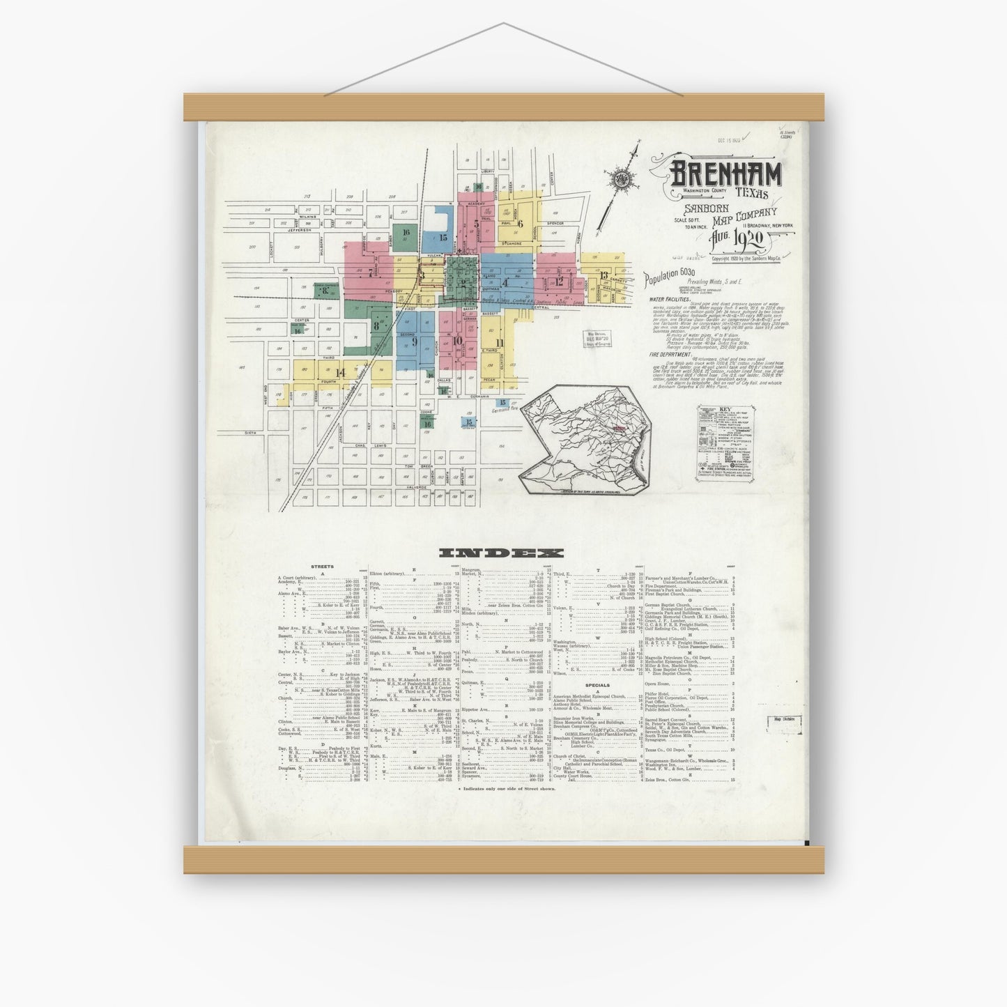 Old map wall art mockup — magnetic wood frame on white wall — Sanborn Fire Insurance Map from Brenham, Washington County, Texas (1920), Sheet #0001