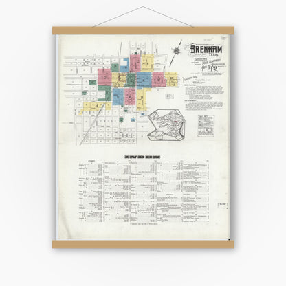 Old map wall art mockup — magnetic wood frame on white wall — Sanborn Fire Insurance Map from Brenham, Washington County, Texas (1920), Sheet #0001