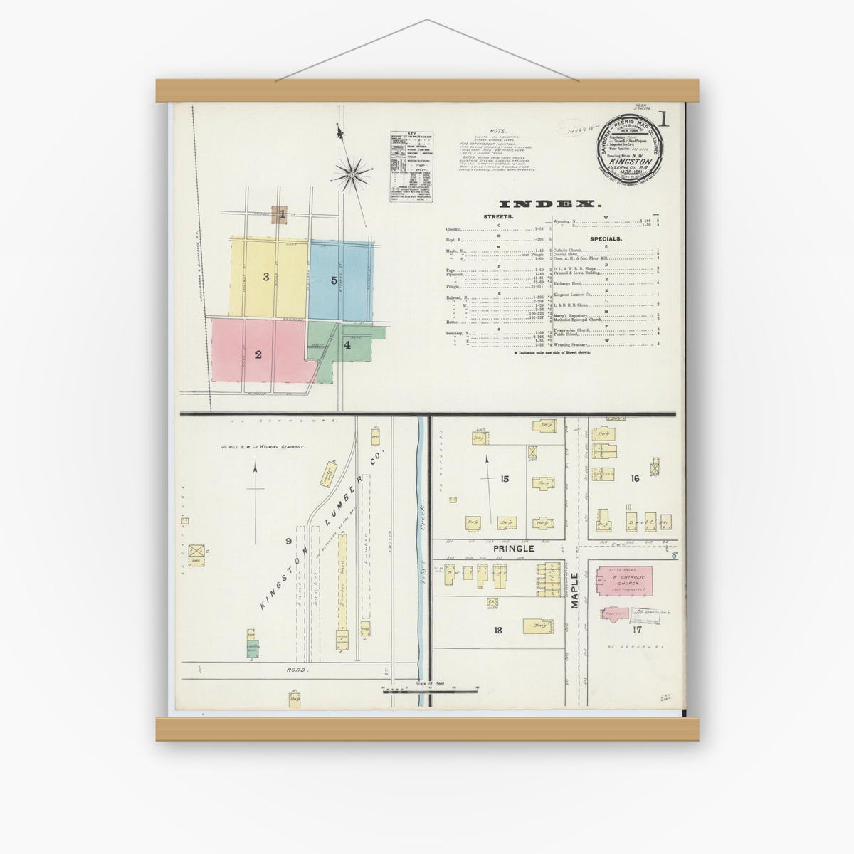 Old map wall art mockup — magnetic wood frame on white wall — Sanborn Fire Insurance Map from Kingston, Luzerne County, Pennsylvania (1891) - Complete Map Set