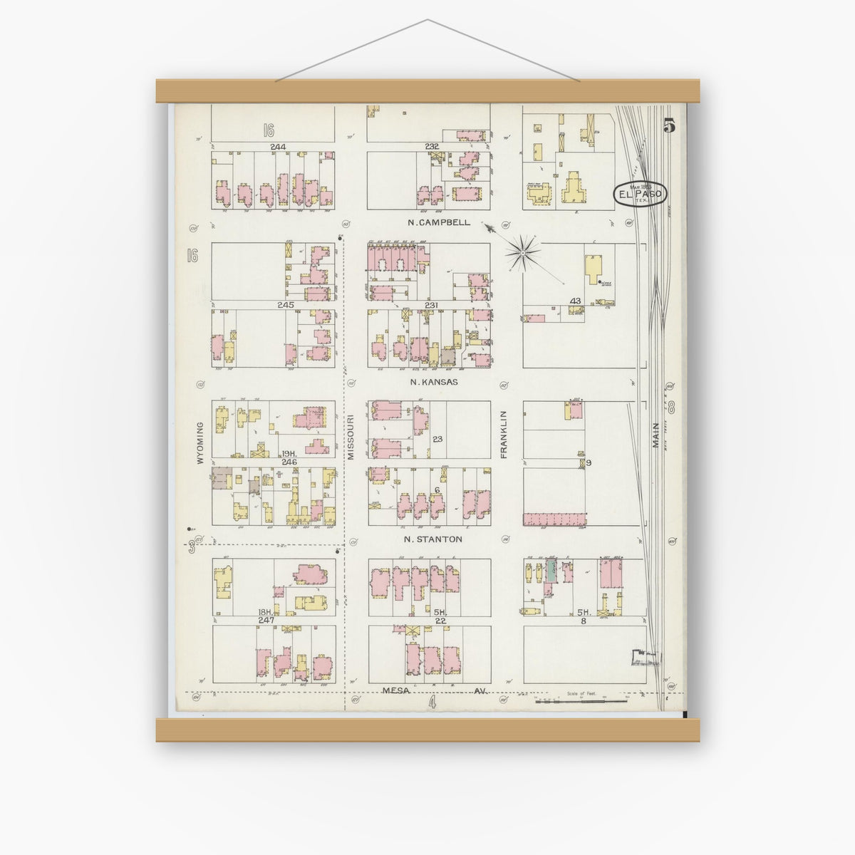Old map wall art mockup — magnetic wood frame on white wall — Sanborn Fire Insurance Map from El Paso, El Paso County, Texas (1893), Sheet #0005