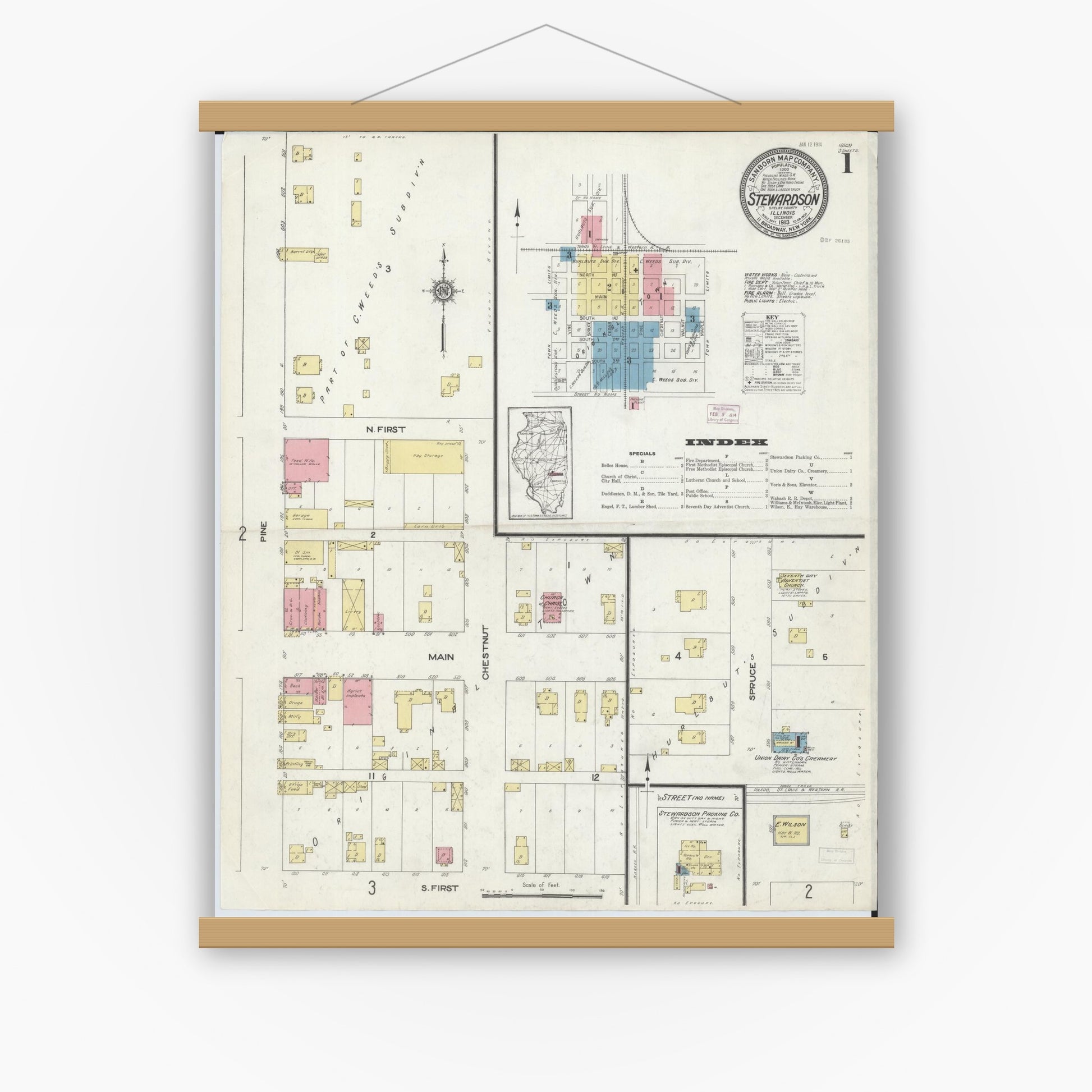 Old map wall art mockup — magnetic wood frame on white wall — Sanborn Fire Insurance Map from Stewardson, Shelby County, Illinois (1913), Sheet #0001