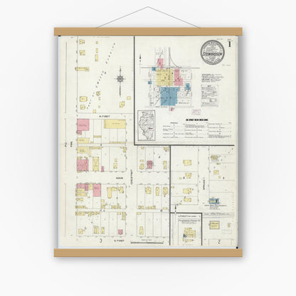 Old map wall art mockup — magnetic wood frame on white wall — Sanborn Fire Insurance Map from Stewardson, Shelby County, Illinois (1913), Sheet #0001