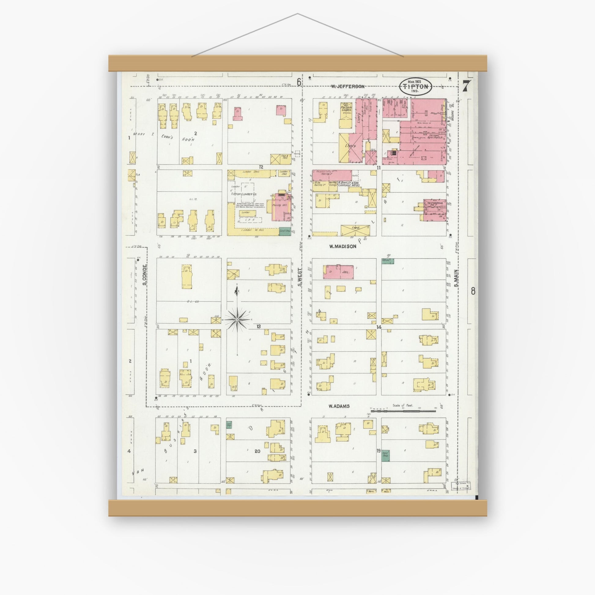 Old map wall art mockup — magnetic wood frame on white wall — Sanborn Fire Insurance Map from Tipton, Tipton County, Indiana (1902), Sheet #0007