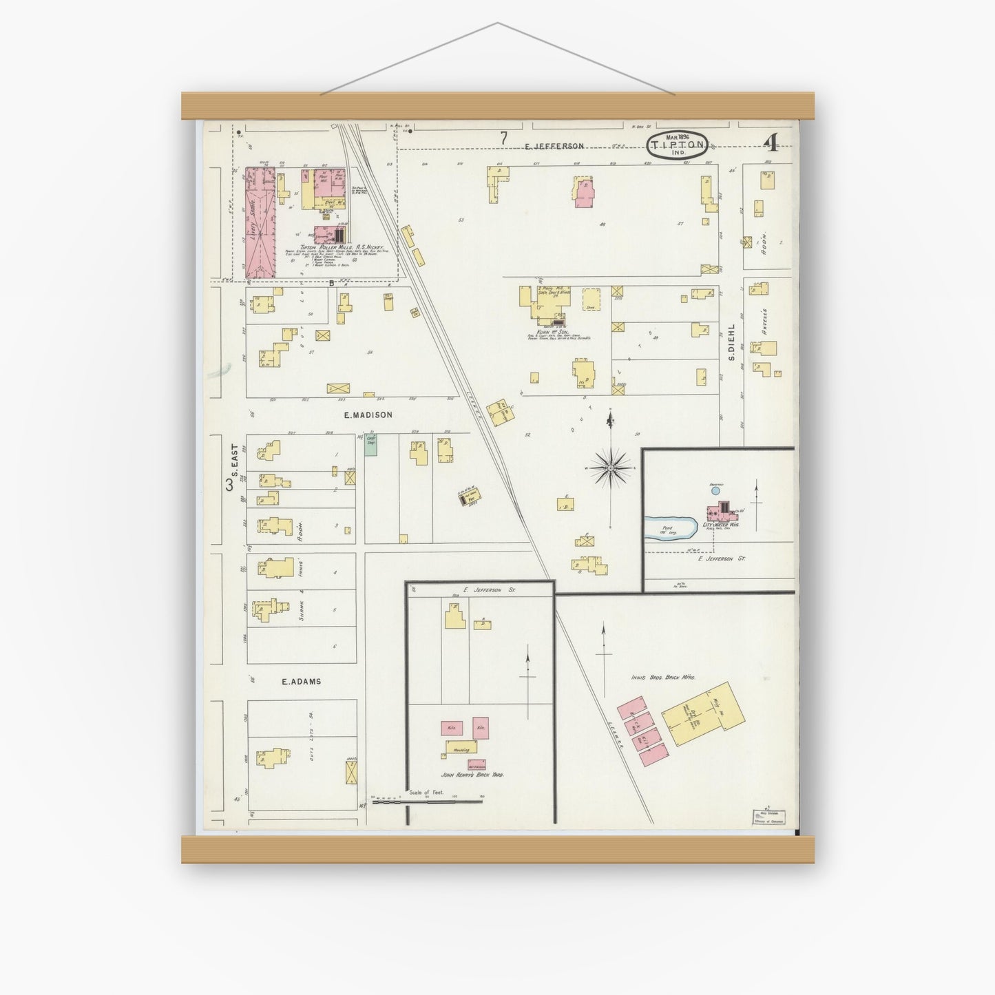 Old map wall art mockup — magnetic wood frame on white wall — Sanborn Fire Insurance Map from Tipton, Tipton County, Indiana (1896), Sheet #0004