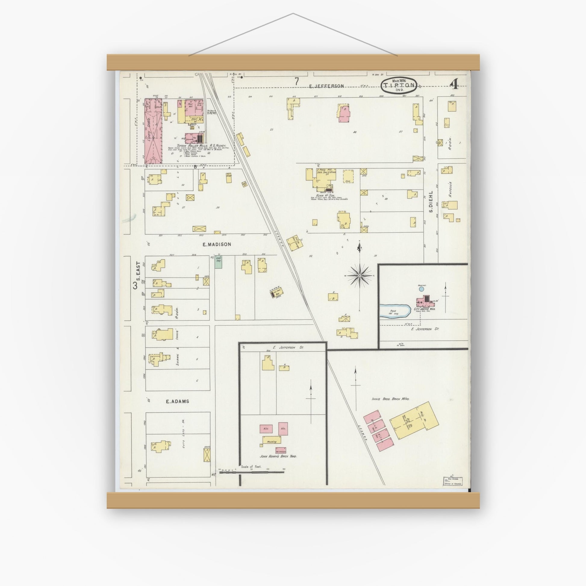 Old map wall art mockup — magnetic wood frame on white wall — Sanborn Fire Insurance Map from Tipton, Tipton County, Indiana (1896), Sheet #0004