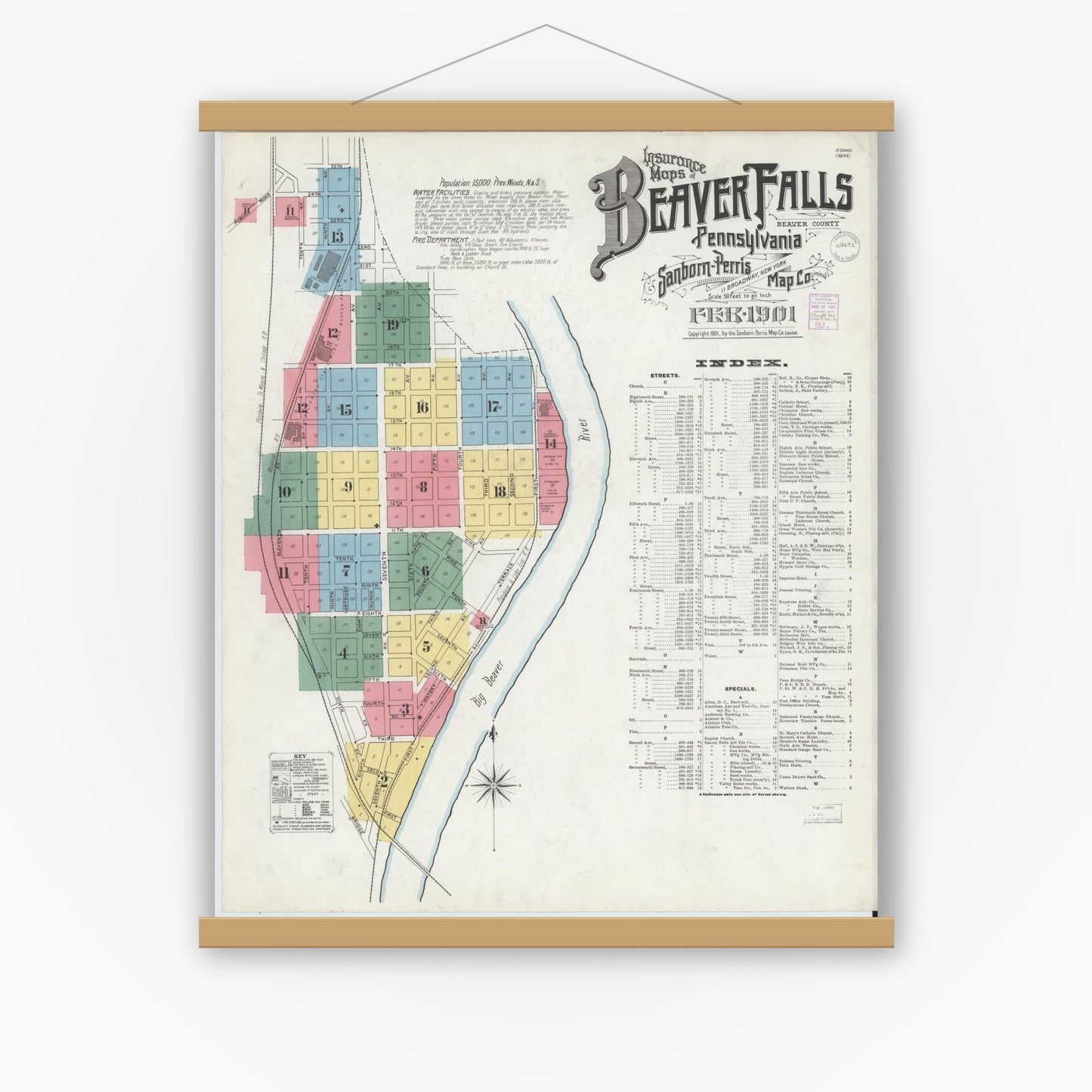 Old map wall art mockup — magnetic wood frame on white wall — Sanborn Fire Insurance Map from Beaver Falls, Beaver County, Pennsylvania (1901) - Complete Map Set