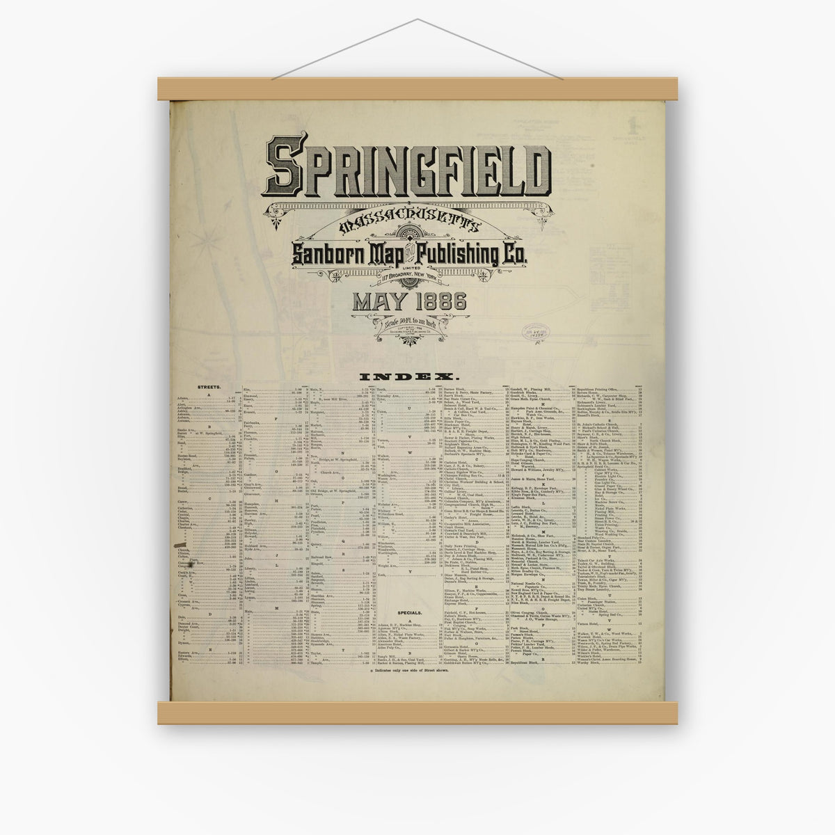 Old map wall art mockup — magnetic wood frame on white wall — Sanborn Fire Insurance Map from Springfield, Hampden County, Massachusetts (1886), Sheet #0001
