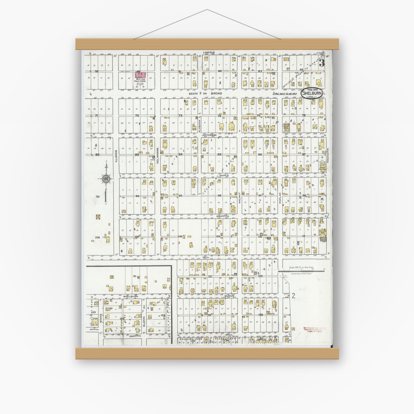 Old map wall art mockup — magnetic wood frame on white wall — Sanborn Fire Insurance Map from Shelburn, Sullivan County, Indiana (1921), Sheet #0003