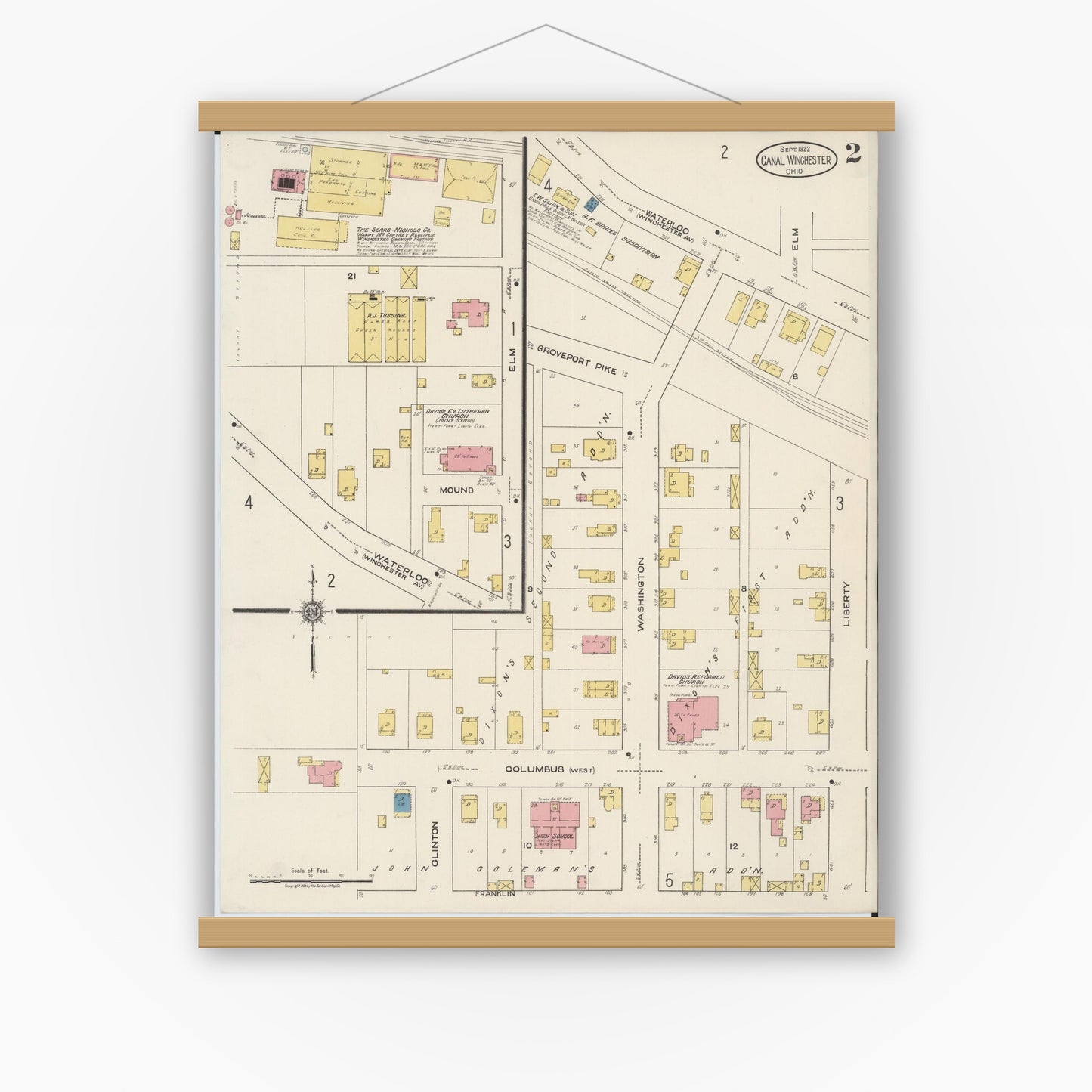Old map wall art mockup — magnetic wood frame on white wall — Sanborn Fire Insurance Map from Canal Winchester, Franklin County, Ohio (1922), Sheet #0002