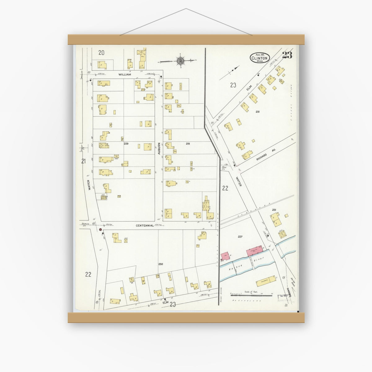 Old map wall art mockup — magnetic wood frame on white wall — Sanborn Fire Insurance Map from Clinton, Worcester County, Massachusetts (1911), Sheet #0023