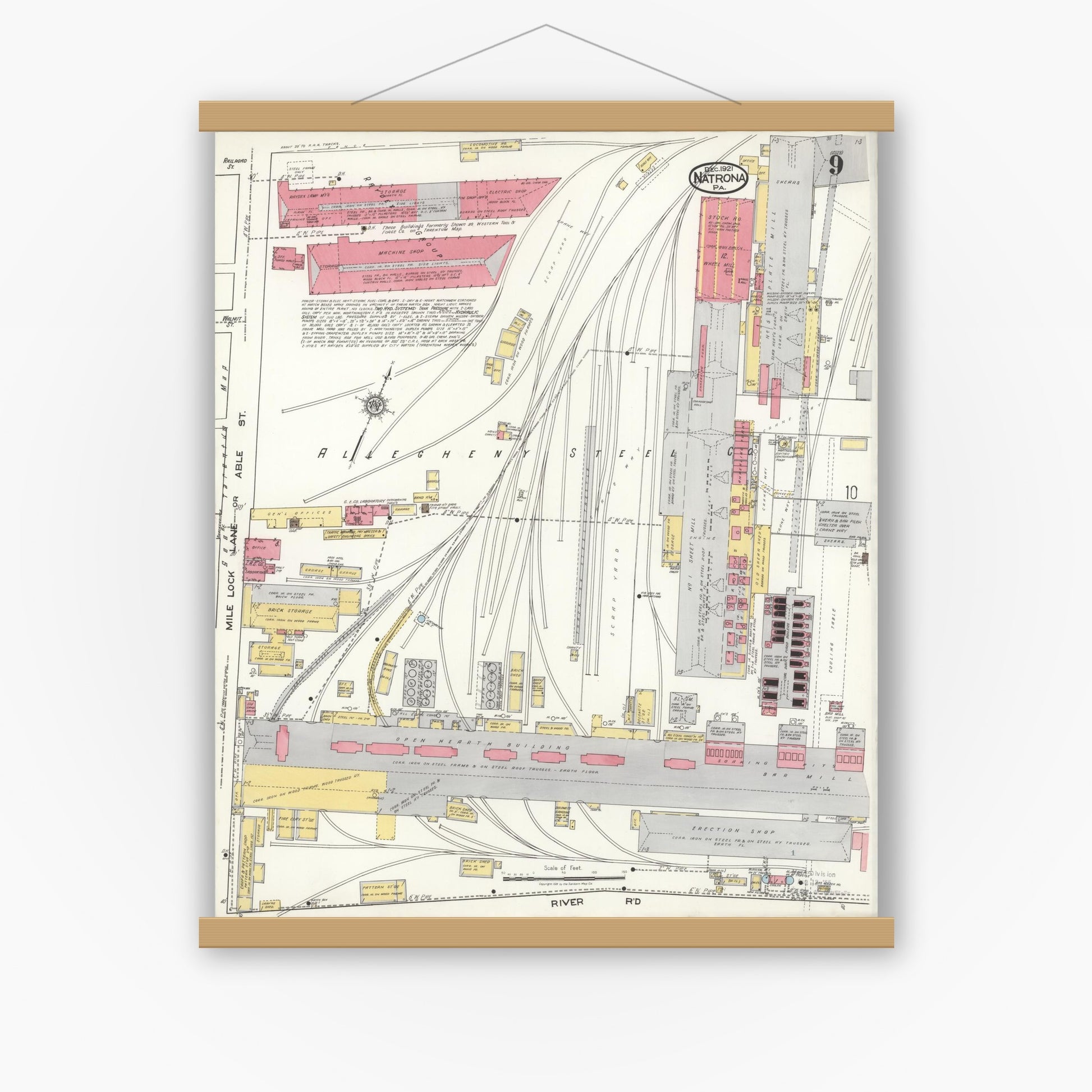 Old map wall art mockup — magnetic wood frame on white wall — Sanborn Fire Insurance Map from Natrona, Allegheny County, Pennsylvania (1921), Sheet #0009