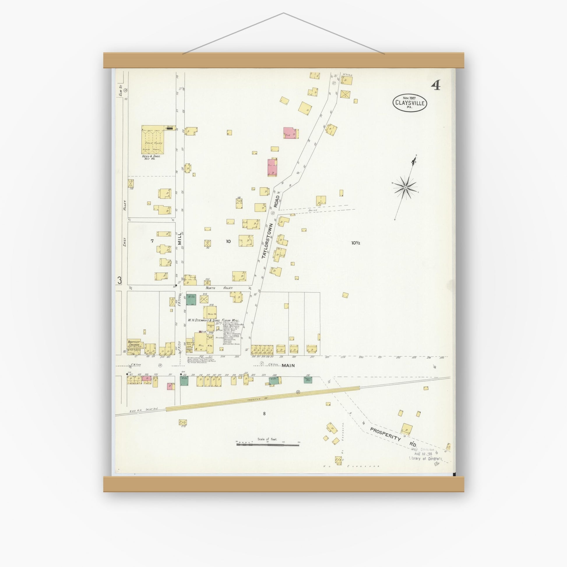 Old map wall art mockup — magnetic wood frame on white wall — Sanborn Fire Insurance Map from Claysville, Washington County, Pennsylvania (1907), Sheet #0004