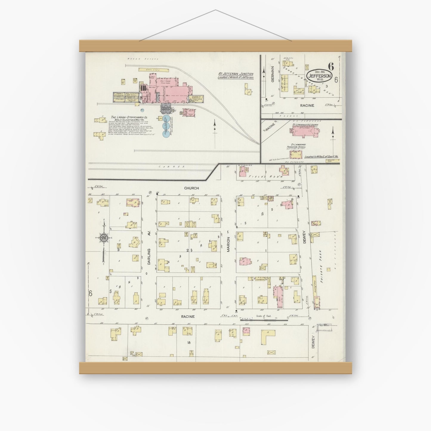Old map wall art mockup — magnetic wood frame on white wall — Sanborn Fire Insurance Map from Jefferson, Jefferson County, Wisconsin (1914), Sheet #0006