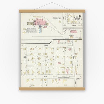 Old map wall art mockup — magnetic wood frame on white wall — Sanborn Fire Insurance Map from Jefferson, Jefferson County, Wisconsin (1914), Sheet #0006