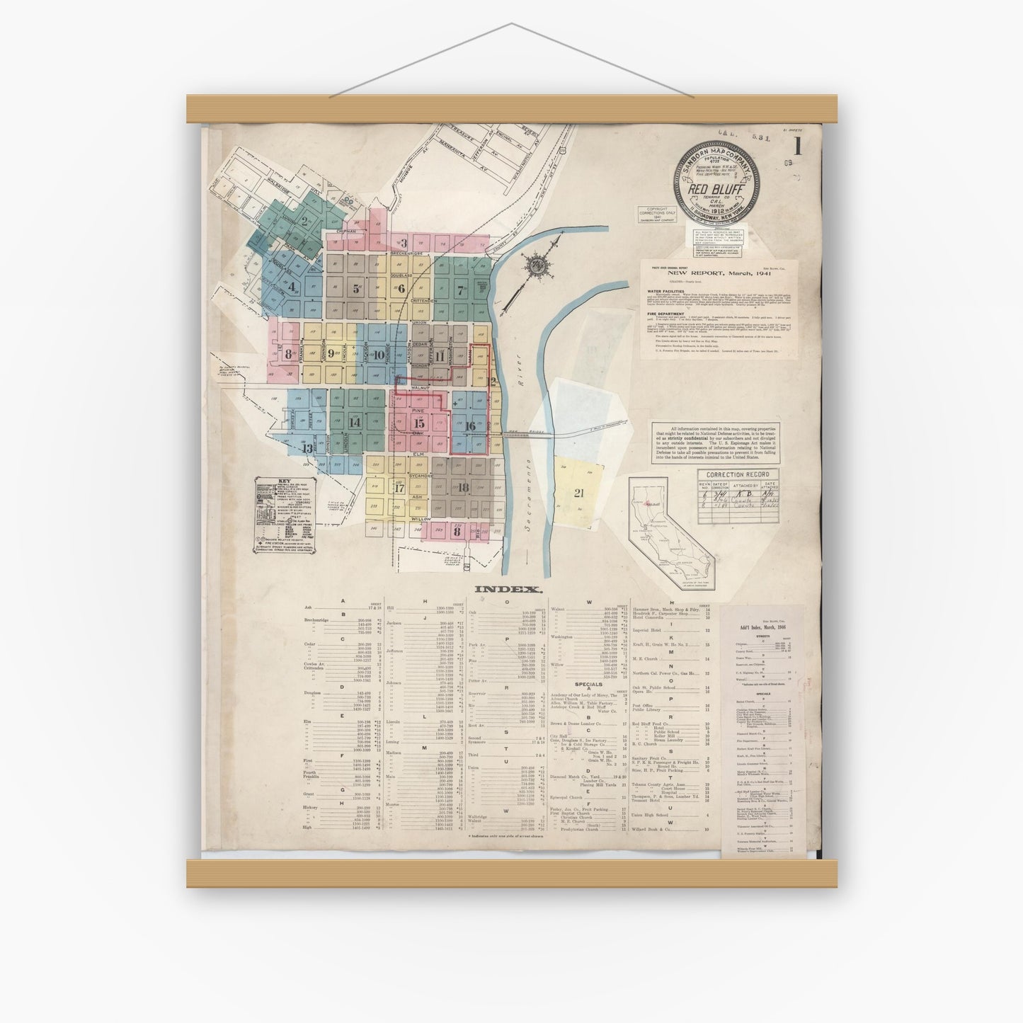 Old map wall art mockup — magnetic wood frame on white wall — Sanborn Fire Insurance Map from Red Bluff, Tehama County, California (1949) - Complete Map Set