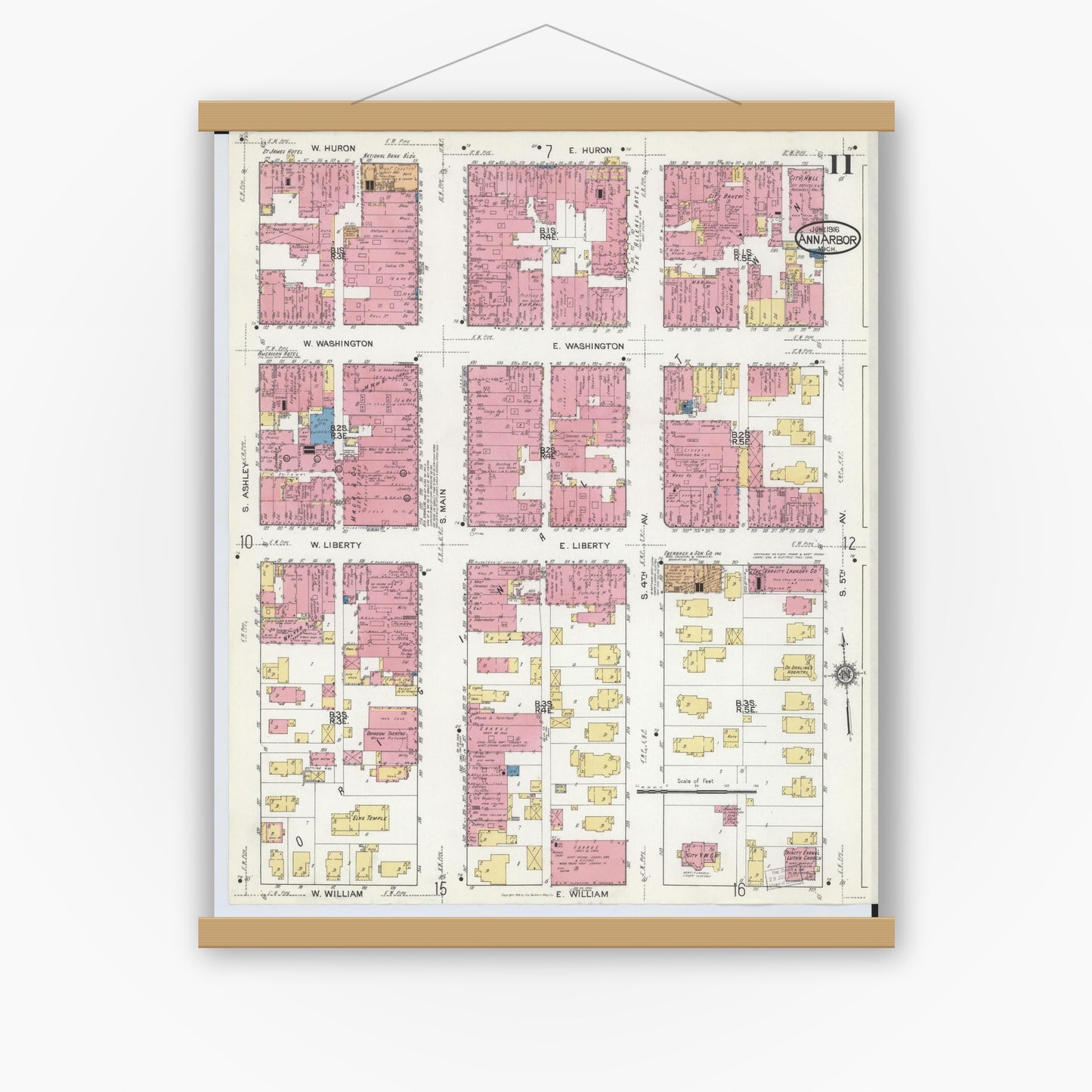Old map wall art mockup — magnetic wood frame on white wall — Sanborn Fire Insurance Map from Ann Arbor, Washtenaw County, Michigan (1916), Sheet #0011