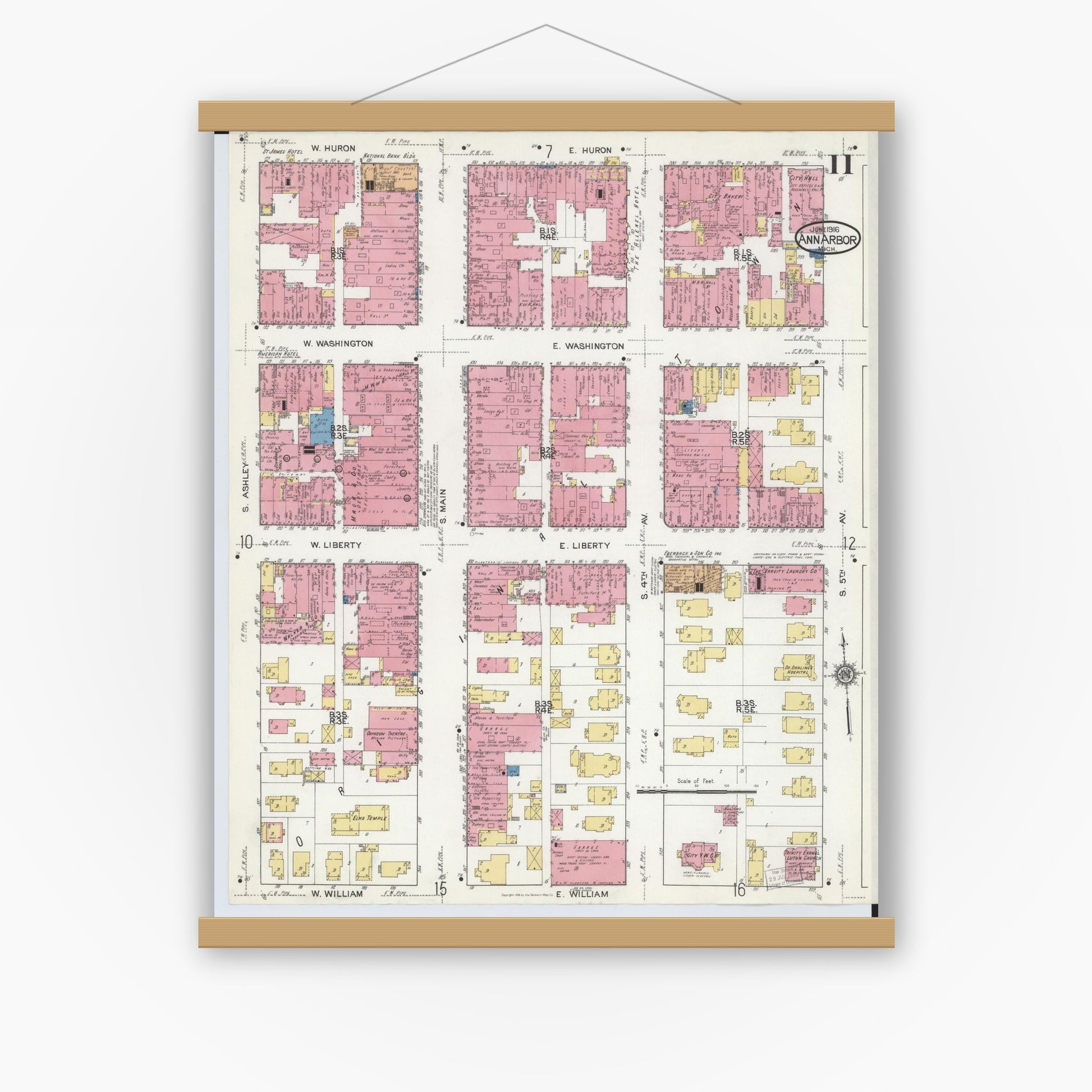 Old map wall art mockup — magnetic wood frame on white wall — Sanborn Fire Insurance Map from Ann Arbor, Washtenaw County, Michigan (1916), Sheet #0011