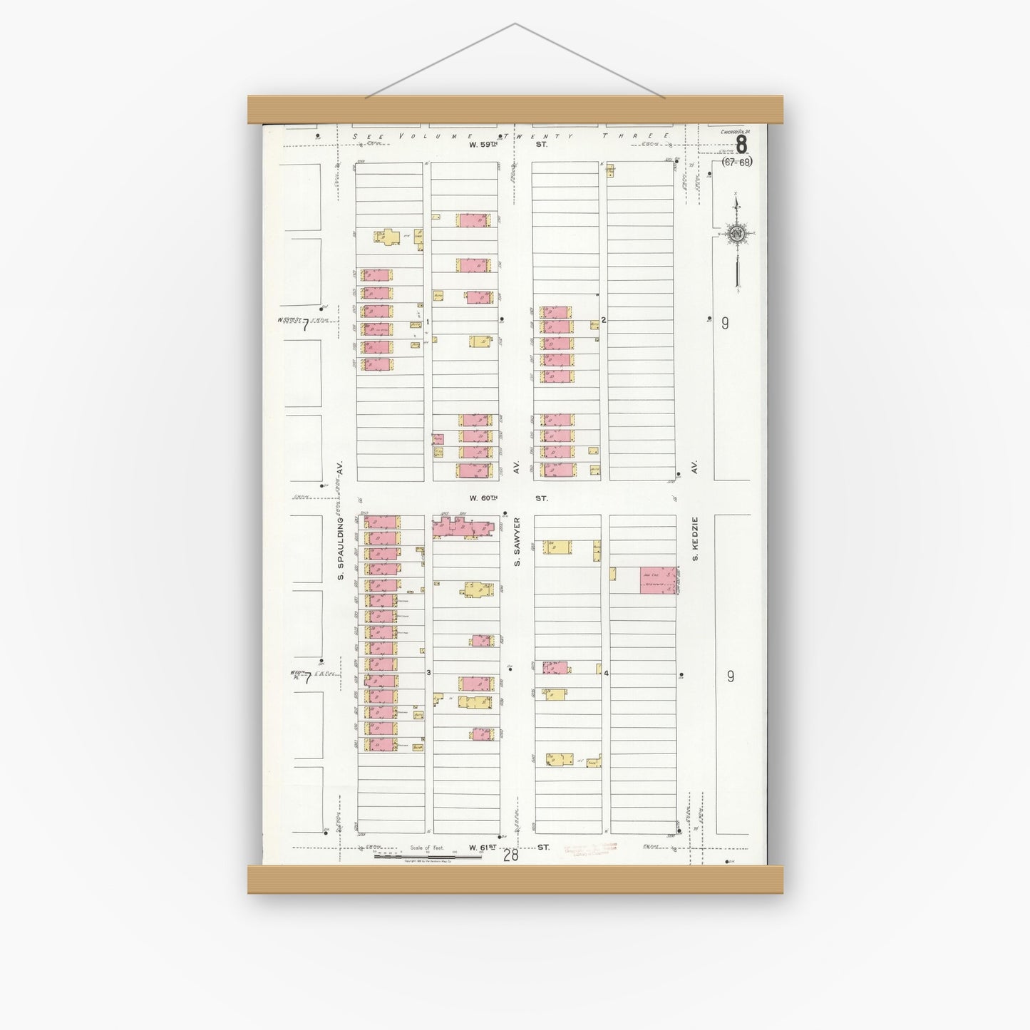 Old map wall art mockup — magnetic wood frame on white wall — Sanborn Fire Insurance Map from Chicago, Cook County, Illinois (1920), Sheet #0008