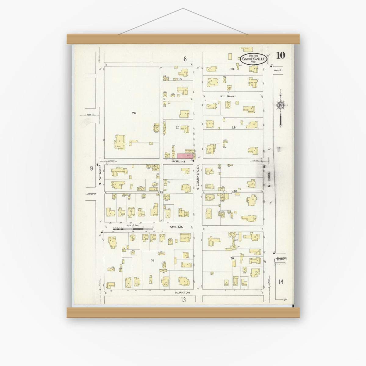 Old map wall art mockup — magnetic wood frame on white wall — Sanborn Fire Insurance Map from Gainesville, Cooke County, Texas (1913), Sheet #0010