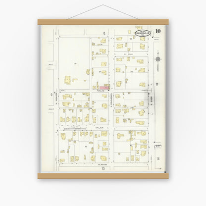 Old map wall art mockup — magnetic wood frame on white wall — Sanborn Fire Insurance Map from Gainesville, Cooke County, Texas (1913), Sheet #0010
