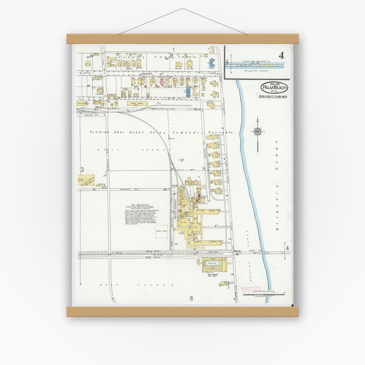 Old map wall art mockup — magnetic wood frame on white wall — Sanborn Fire Insurance Map from Palm Beach, Palm Beach County, Florida (1919), Sheet #0004