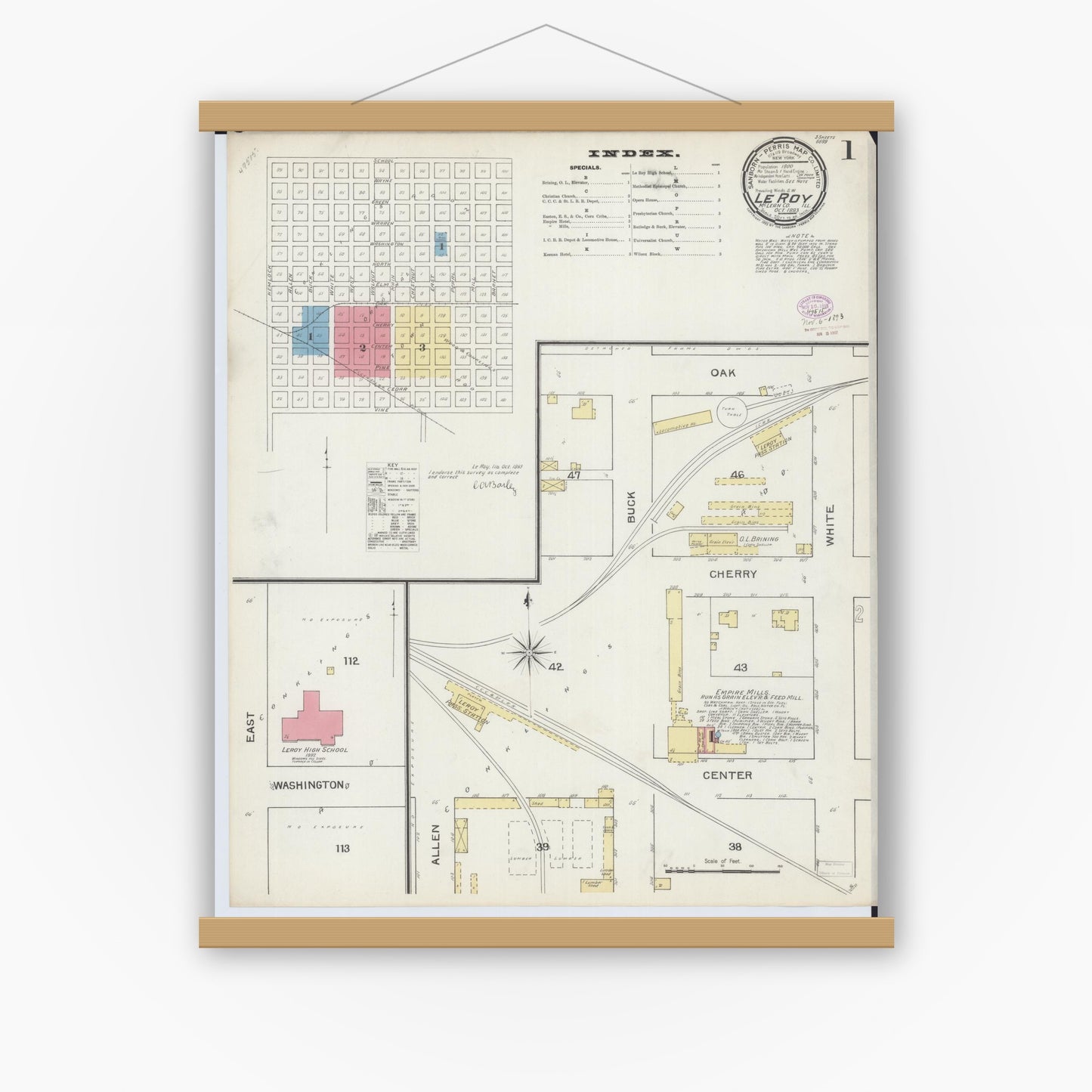 Old map wall art mockup — magnetic wood frame on white wall — Sanborn Fire Insurance Map from Leroy, McLean County, Illinois (1893) - Complete Map Set