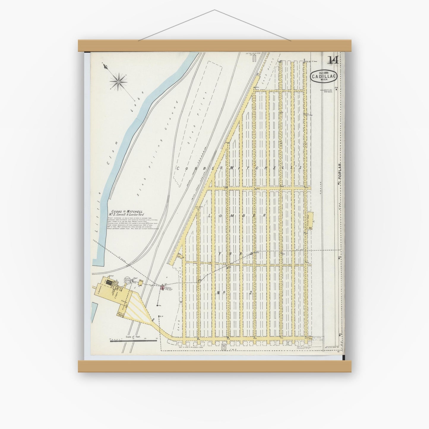 Old map wall art mockup — magnetic wood frame on white wall — Sanborn Fire Insurance Map from Cadillac, Wexford County, Michigan (1895), Sheet #0014