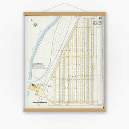 Old map wall art mockup — magnetic wood frame on white wall — Sanborn Fire Insurance Map from Cadillac, Wexford County, Michigan (1895), Sheet #0014
