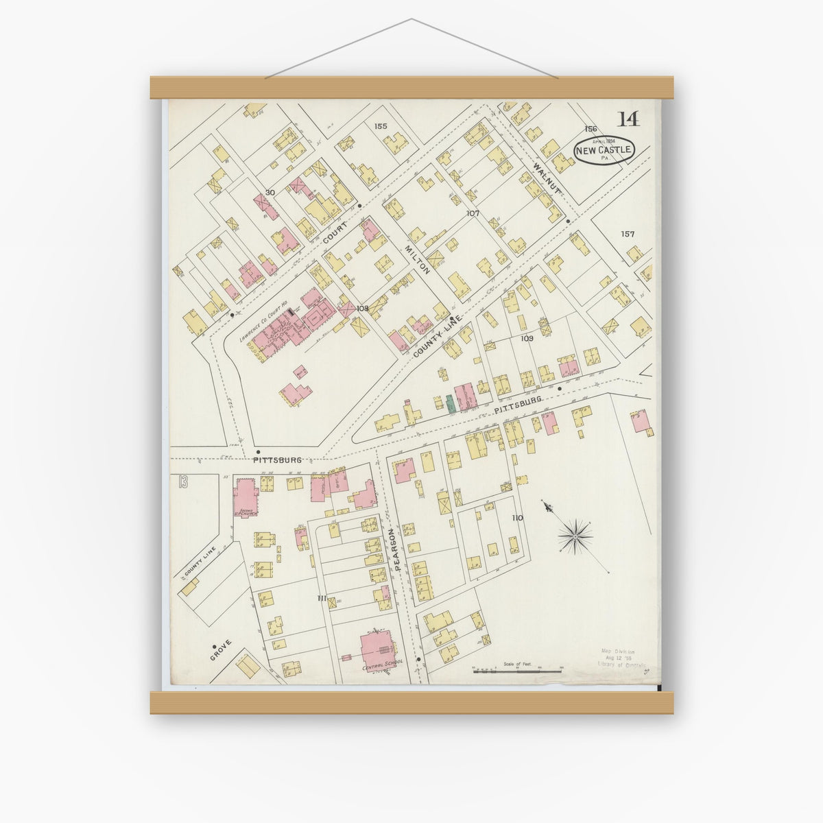 Old map wall art mockup — magnetic wood frame on white wall — Sanborn Fire Insurance Map from New Castle, Lawrence County, Pennsylvania (1894), Sheet #0014