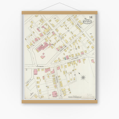 Old map wall art mockup — magnetic wood frame on white wall — Sanborn Fire Insurance Map from New Castle, Lawrence County, Pennsylvania (1894), Sheet #0014