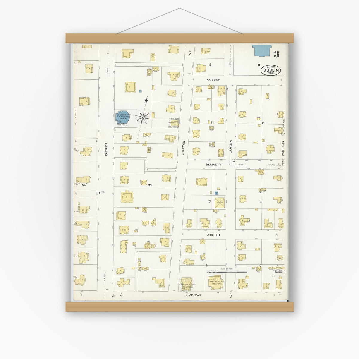 Old map wall art mockup — magnetic wood frame on white wall — Sanborn Fire Insurance Map from Dublin, Erath County, Texas (1907), Sheet #0003