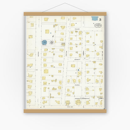 Old map wall art mockup — magnetic wood frame on white wall — Sanborn Fire Insurance Map from Dublin, Erath County, Texas (1907), Sheet #0003