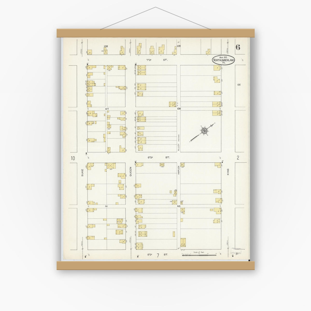 Old map wall art mockup — magnetic wood frame on white wall — Sanborn Fire Insurance Map from Northumberland, Northumberland County, Pennsylvania (1913), Sheet #0006
