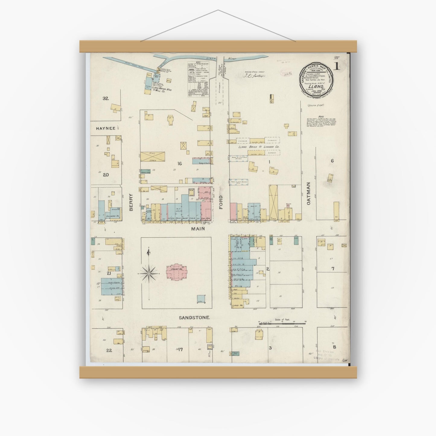 Old map wall art mockup — magnetic wood frame on white wall — Sanborn Fire Insurance Map from Llano, Llano County, Texas (1894), Sheet #0001