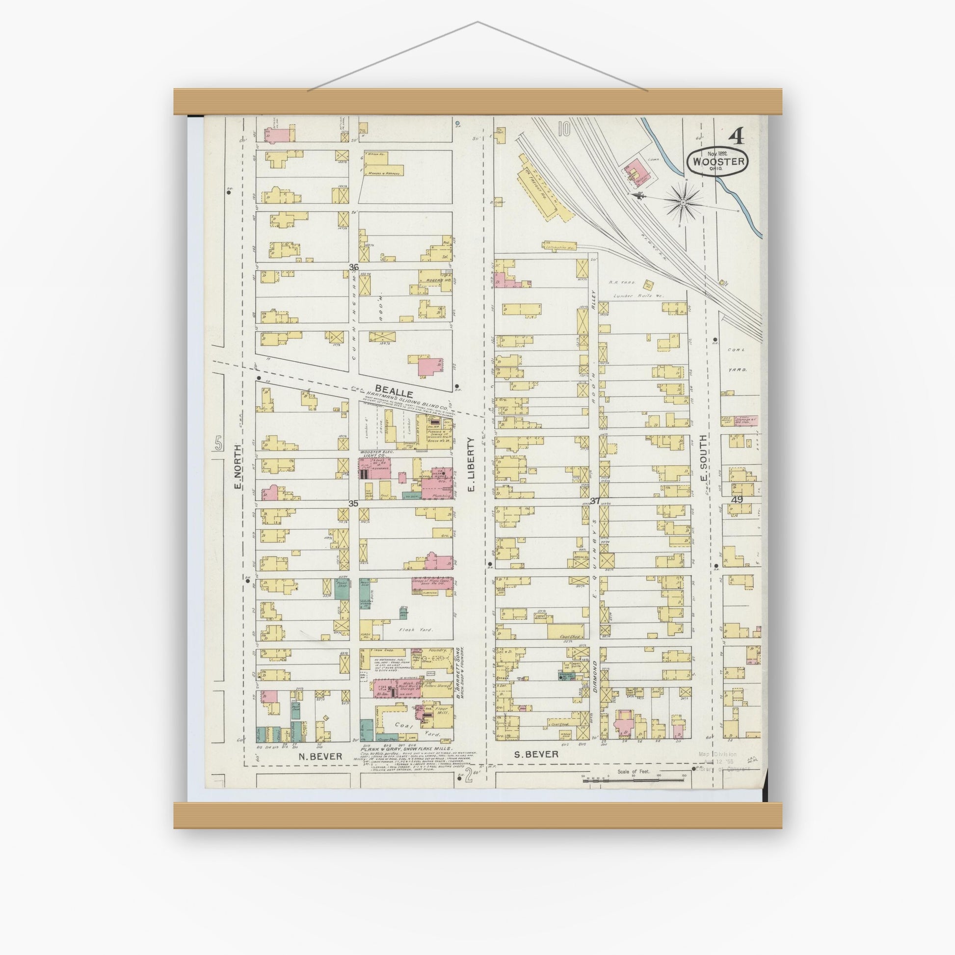 Old map wall art mockup — magnetic wood frame on white wall — Sanborn Fire Insurance Map from Wooster, Wayne County, Ohio (1892), Sheet #0004