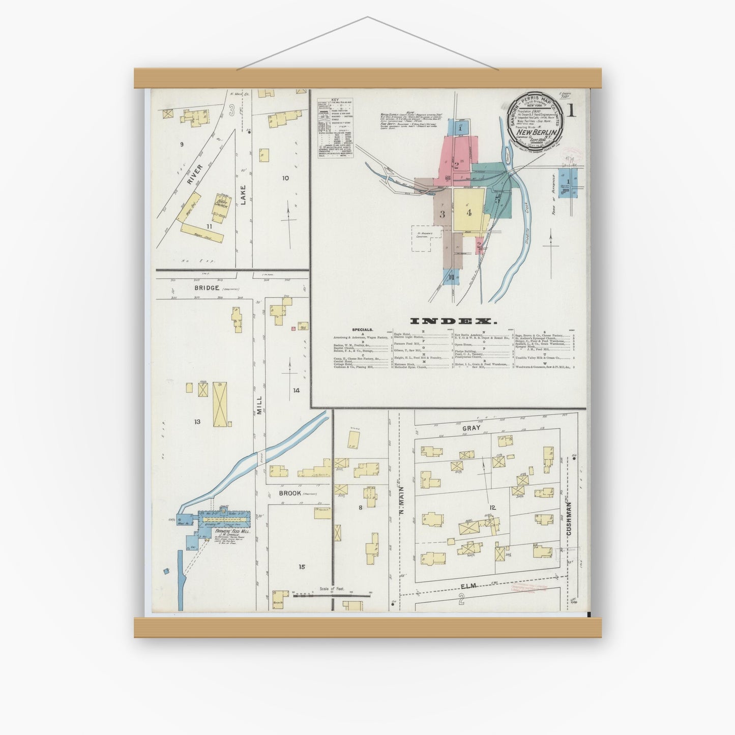 Old map wall art mockup — magnetic wood frame on white wall — Sanborn Fire Insurance Map from New Berlin, Chenango County, New York (1894) - Complete Map Set