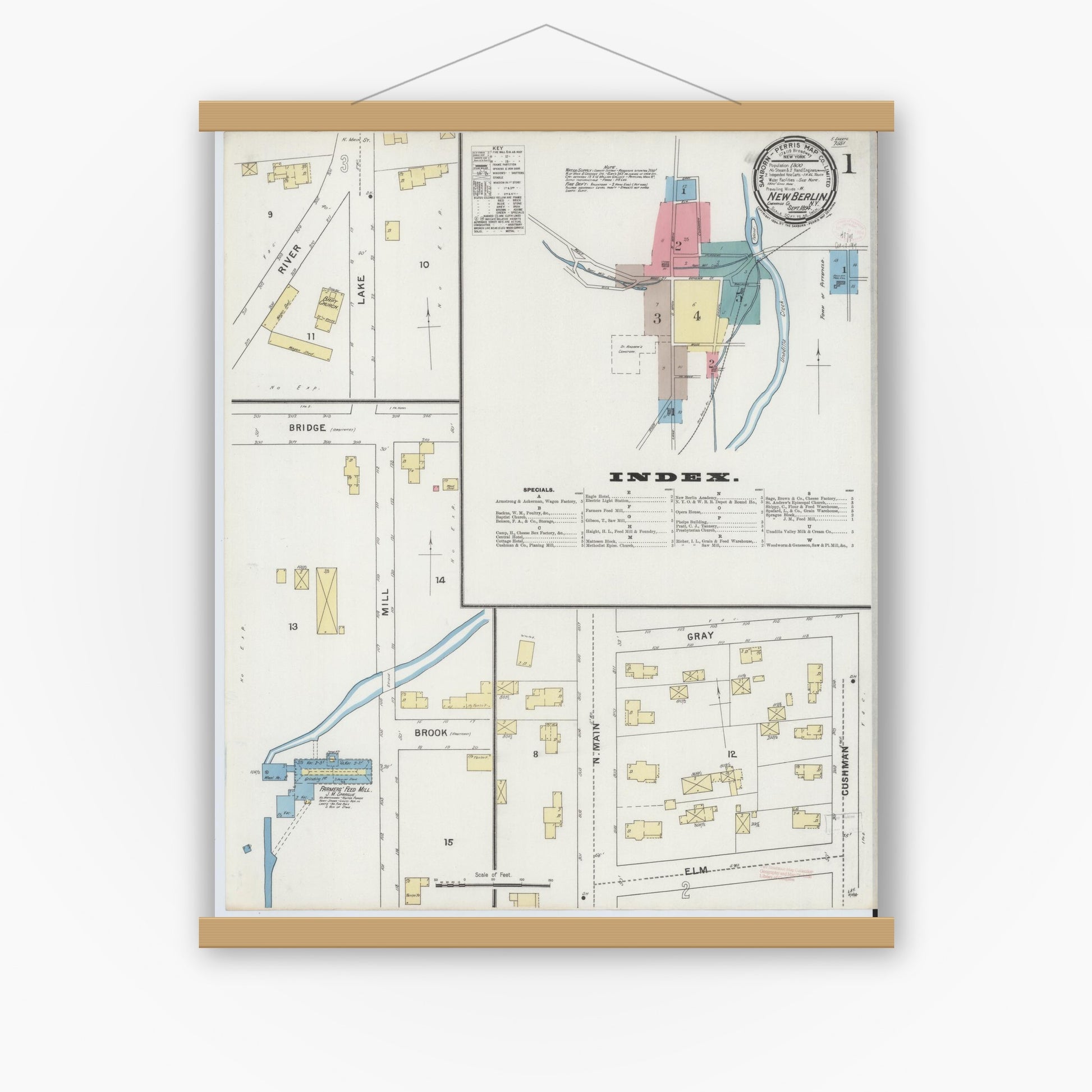 Old map wall art mockup — magnetic wood frame on white wall — Sanborn Fire Insurance Map from New Berlin, Chenango County, New York (1894) - Complete Map Set