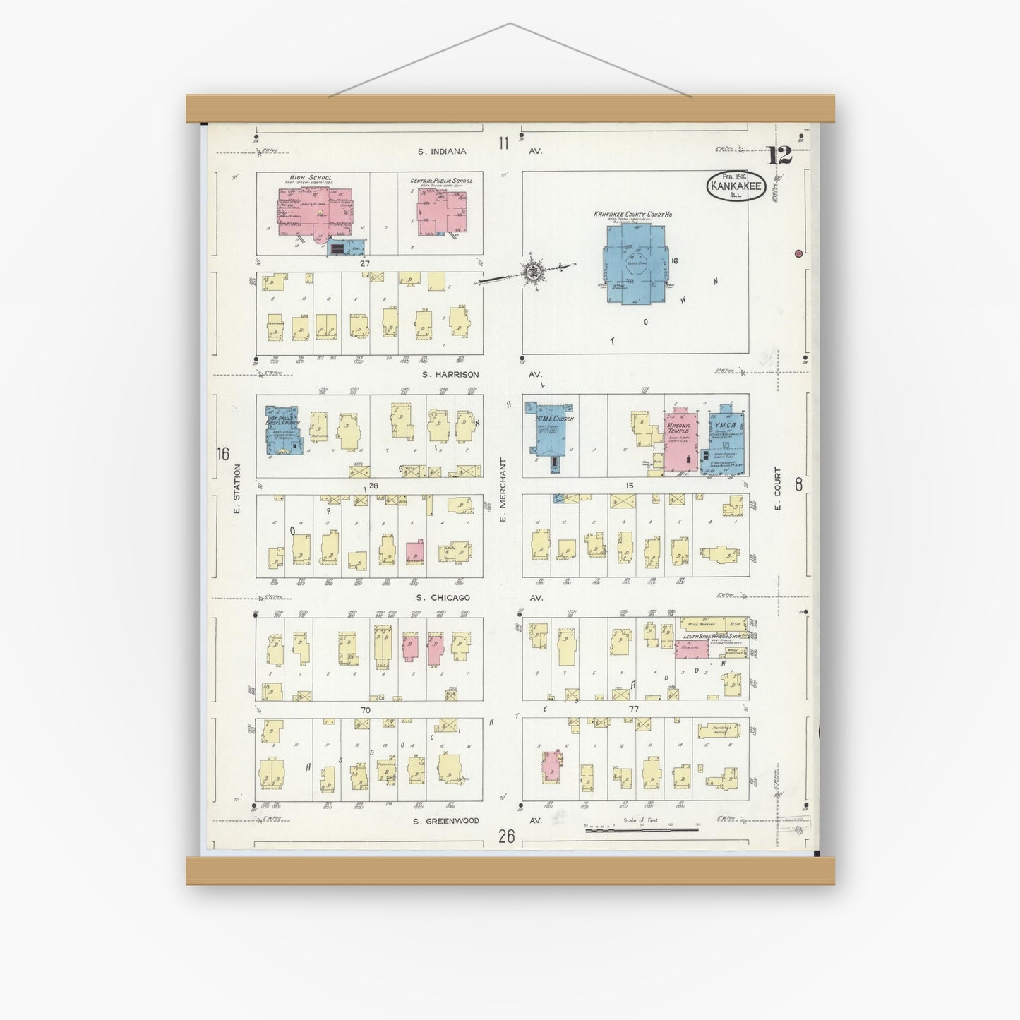 Old map wall art mockup — magnetic wood frame on white wall — Sanborn Fire Insurance Map from Kankakee, Kankakee County, Illinois (1914), Sheet #0012